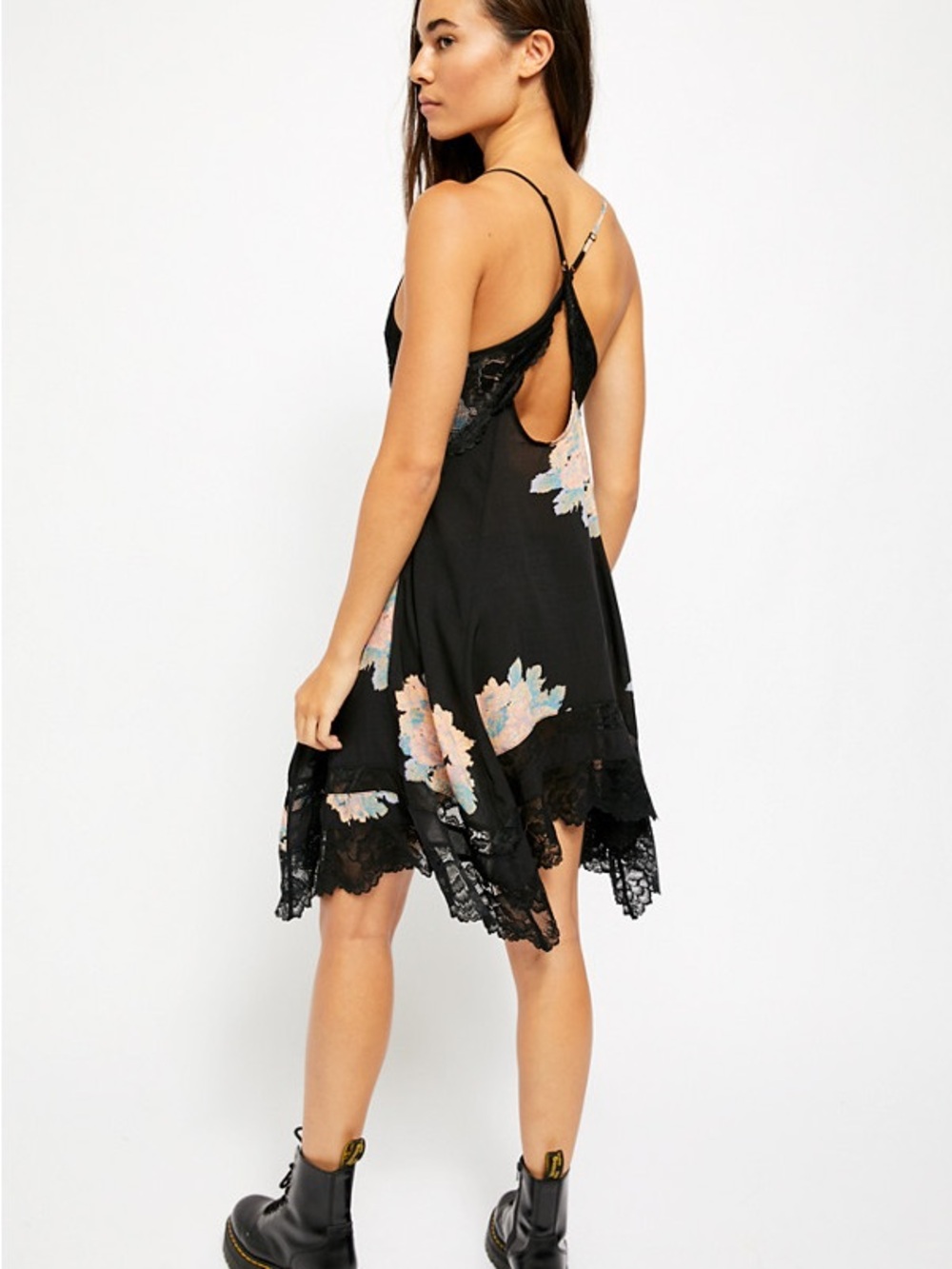 Free People Black Slip Dress with Pastel Floral Appliqué - Picture 2 of 5